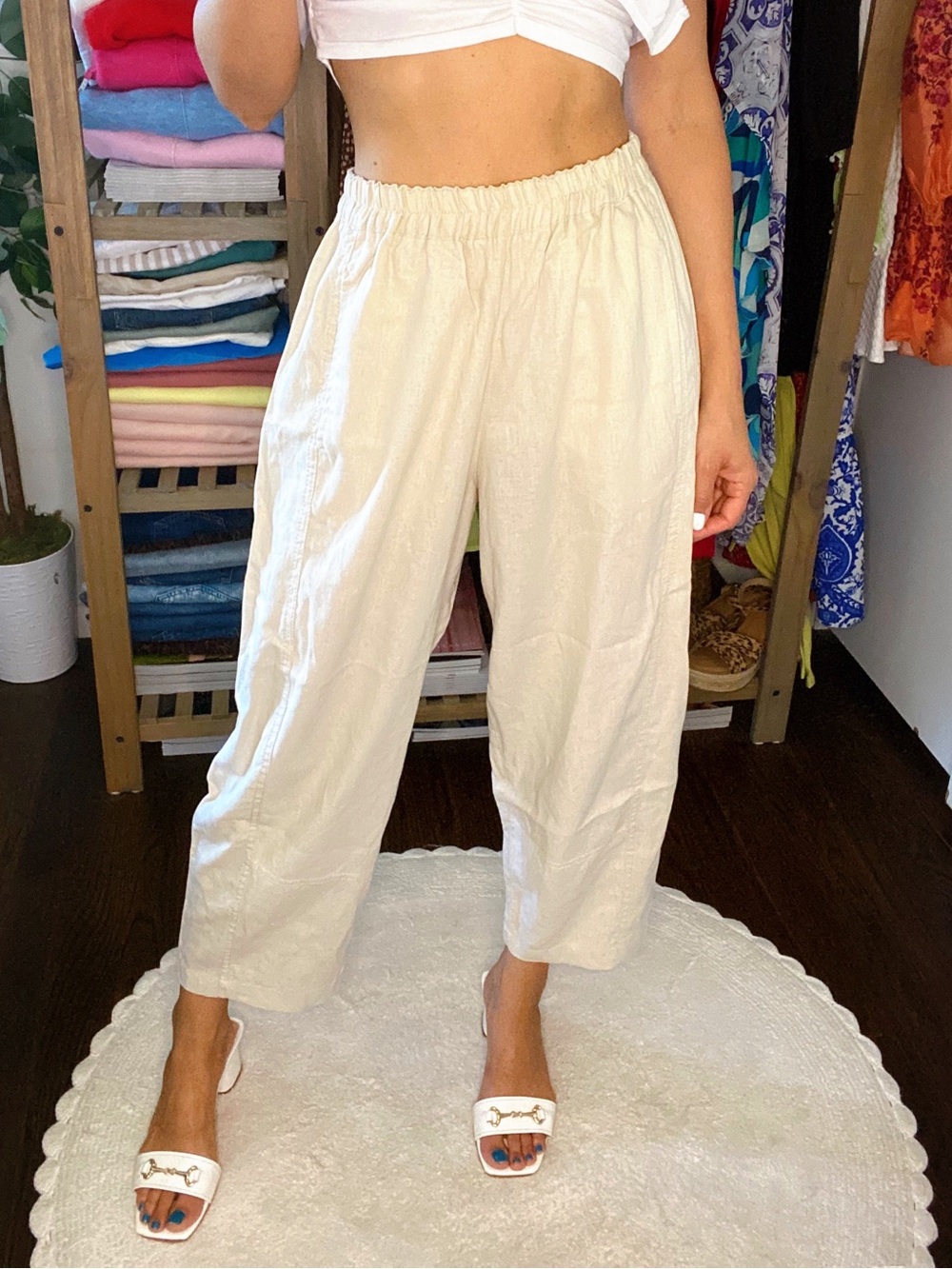 MAX STUDIO Cream Elastic-Waist Linen Blend Barrel Pants! 🐚